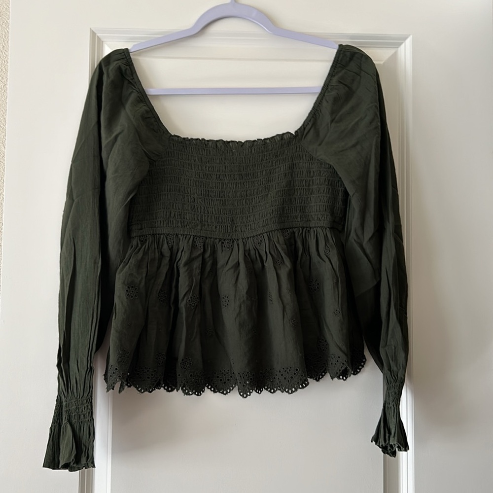 AE 100% Cotton Long-Sleeve Smocked Babydoll Blouse Size S - Picture 7 of 7